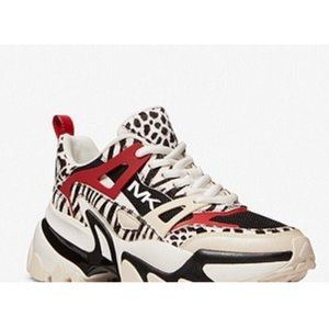Michael Kors Women's Nick Trainer Zebra Haircalf Sneakers Black and Crimson